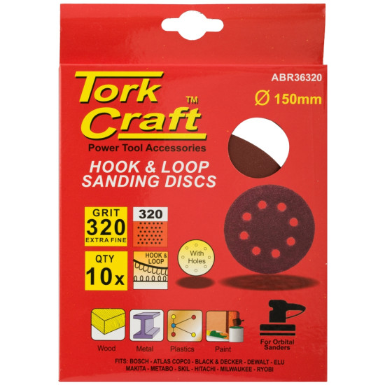 SANDING DISC 150MM 320 GRIT WITH HOLES 10/PK HOOK AND LOOP SANDING DISC 150MM 320 GRIT WITH HOLES 10/PK HOOK AND LOOP